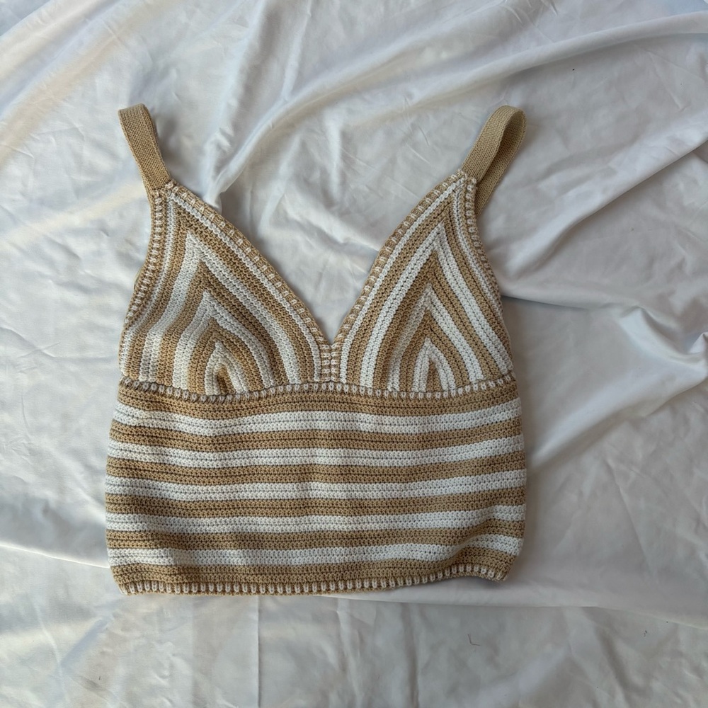 Willow & Wind Striped Knit Crop Tank - Tan and White Crochet Sz L